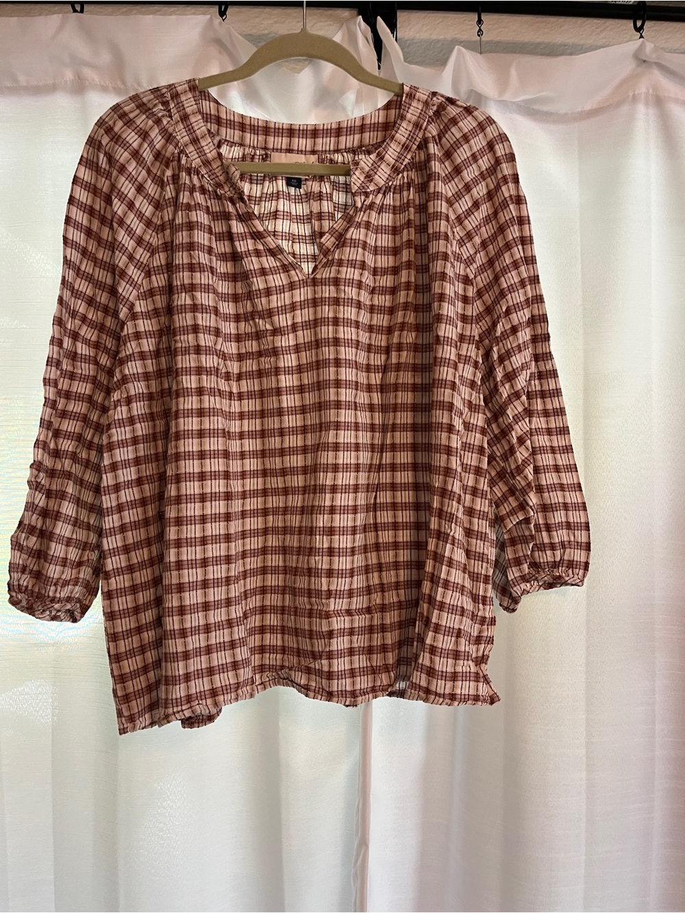 Universal Thread Plaid Button-Front Top in Pink and Brown - Picture 2 of 4